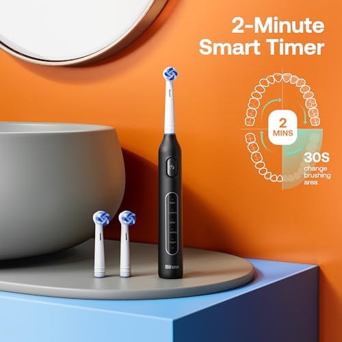 Bitvae R1 Rotating Electric Toothbrush with 8 Brush Heads for Adults and Kids, 60-Day Battery Life, 5 Modes Rechargeable Power Toothbrush with 2-Minute Smart Timer, Black
