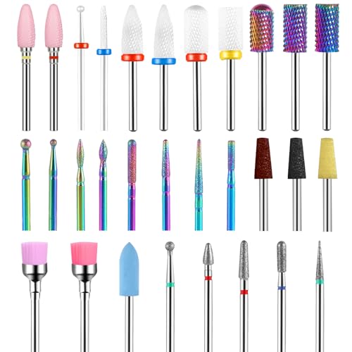 30Pcs Nail Drill Bits Set, 3/32 Inch Tungsten Ceramic Diamond Carbide Nail Drill Bits for Acrylic Gel Polish, Cuticle Efile Remover for Manicure Pedicure