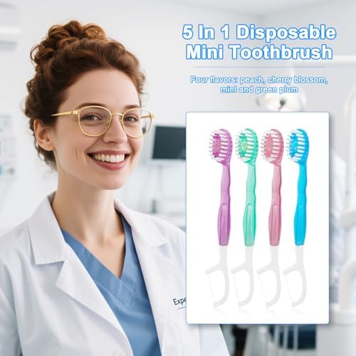 5 in 1 Toothbrush & Floss, 26Pcs mini toothbrushes with Toothpaste, All in one Oral Care on The go, 5 in 1 mini Brush, Toothpaste and Floss, Disposable Travel Toothbrush Set (1)