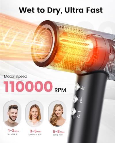 Hair Dryer, 110,000 RPM High-Speed Fast Drying Blow Dryer, 500 Million Ionic Lightweight Hairdryer with Diffuser, Magnetic Nozzle, 4 Temps & 3 Speeds, Low Noise for Women & Men (Black)