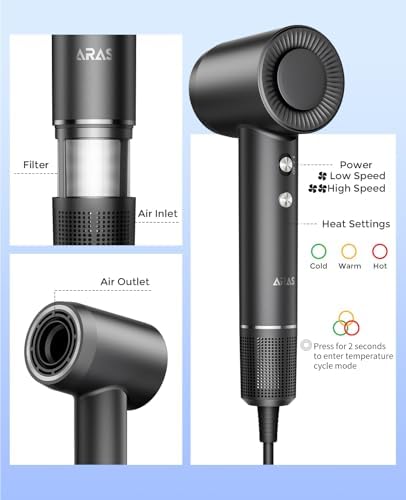 Hair Dryer, Negative Ionic Blow Dryer with 160000 RPM Professional High-Speed Blow Dryer, Brushless Motor for Fast Drying, Low Noise Thermo-Control Hairdryer with Magnetic Nozzle (Black)