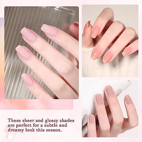 24 Pcs Jelly Nude Gel Nail Polish Set, Sheer Pink Colors Gel Polish Kit with Glossy & Matte Top Coat and Base Coat for Nail Art DIY Manicure and Pedicure at Home
