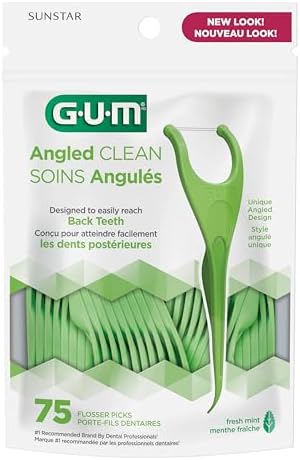GUM Angled Floss Picks, Perfect for Tight Teeth, Extra Strong Shred-Resistant Dental Floss, Angled for Easy Reach, Dental Flossers for Adults, Fresh Mint Flavor, 75 Count