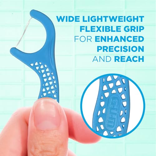 GUM Advanced Care Floss Picks - Dental Flossers for Adults with Vitamin E and Fluoride - Extra Strong Shred-Resistant Dental Floss, Easy Grip Handle, Fresh Mint Flavor, 150 Count