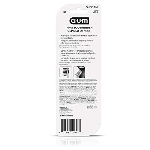 GUM Folding Travel Toothbrush, Compact Head + Tongue Cleaner, Soft Bristled Travel Toothbrushes for Adults, 2ct (Pack of 6)