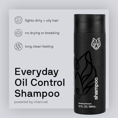 Black Wolf Mens Shampoo for Oily Hair, 12 Fl Oz - Charcoal-Infused Oil Control Shampoo with Moisturizing & Deep Cleansing Formula Hydrates & Nourishes Scalp - Daily Hair Care for Men