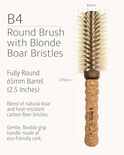 Ibiza Hair Round Boar Bristle Brush (B Series) | Blonde Bristles with Cork Handle | Ideal for Color Treated & Fine Hair | Adds Texture & Shine