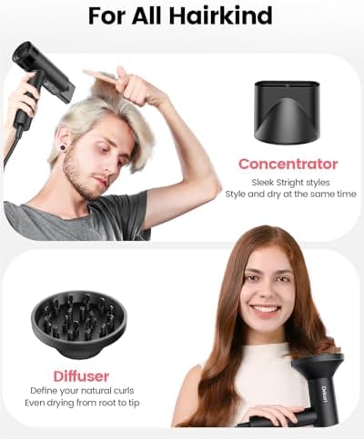 Hair Dryer, 110,000 RPM High-Speed Fast Drying Blow Dryer, 500 Million Ionic Lightweight Hairdryer with Diffuser, Magnetic Nozzle, 4 Temps & 3 Speeds, Low Noise for Women & Men (Black)