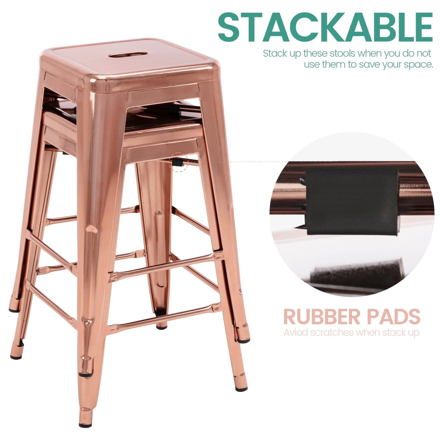 24 Inch Metal Bar Stools Set of 2, Stackable Backless Industrial Stools for Indoor Outdoor Kitchen Dining Patio Garden Classroom (Rose Gold)