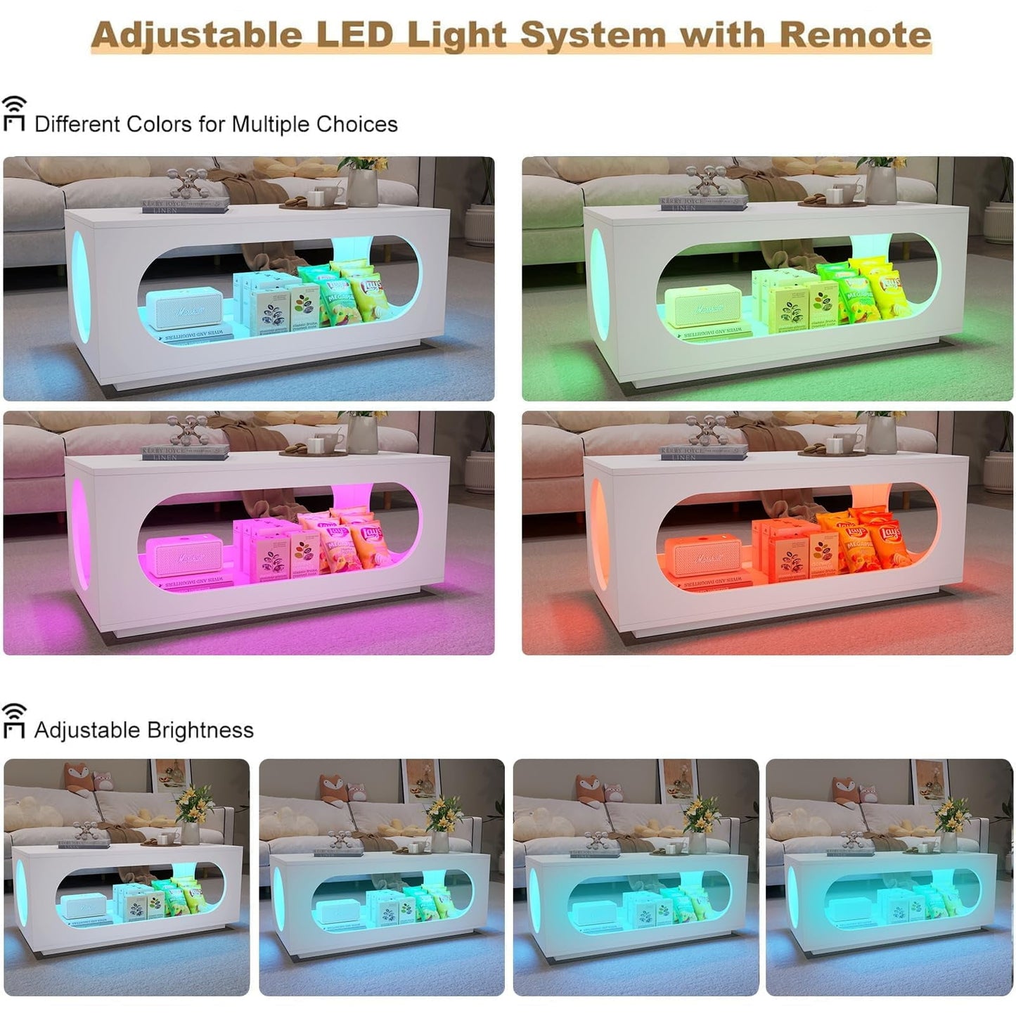 Hironpal 43" White Led Coffee Table for Living Room, Modern Living Room Table Rectangular Contemporary Center Table with Storage, Wooden Coffee Tables with LED Lights for Dining Reception Room