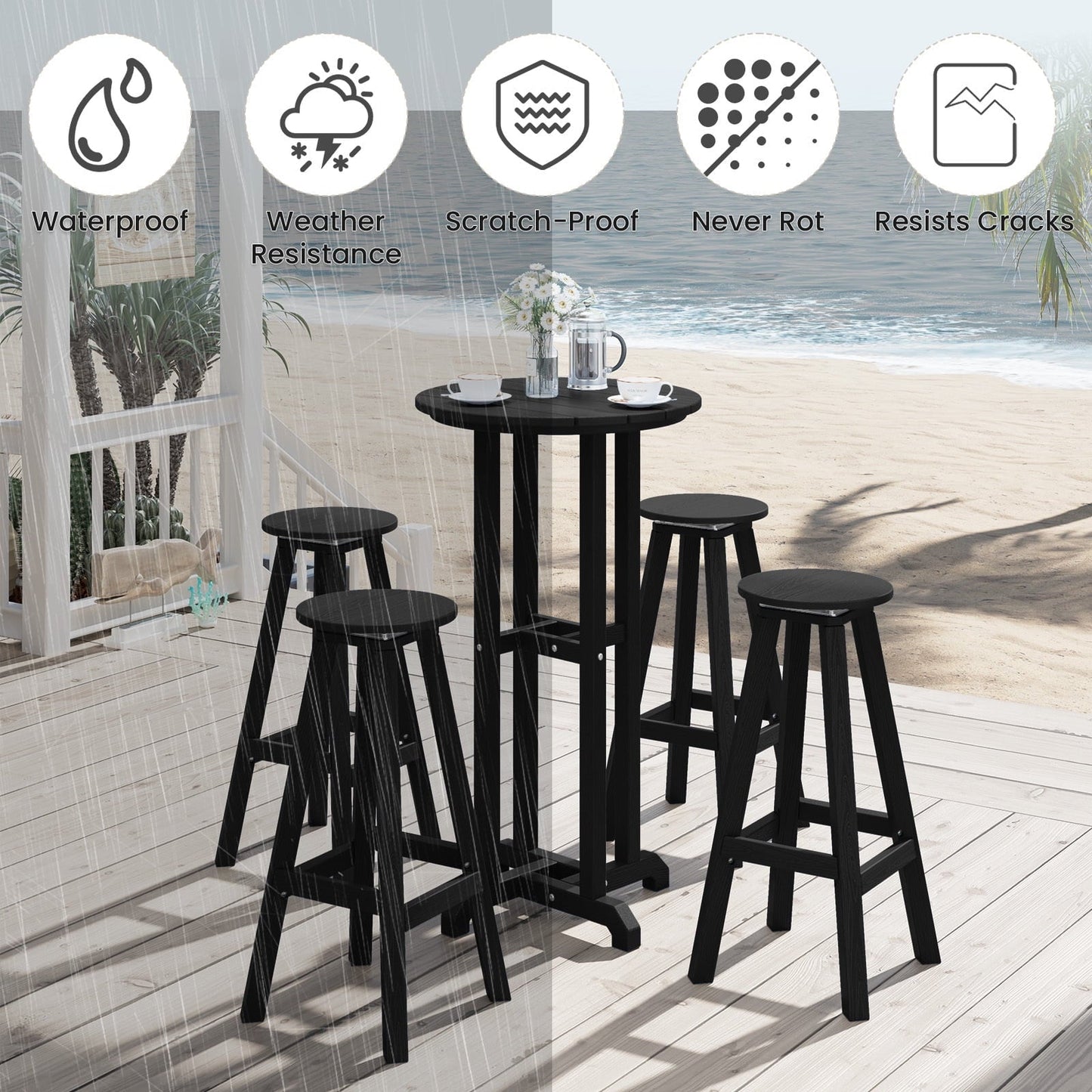 3-Piece Outdoor Bar Set – Weather-Resistant HDPE Bistro Furniture with Bar-Height Table & 2 Swivel Stools for Patio, Poolside, or Indoor Use,Black