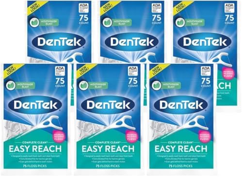 DenTek Complete Clean Easy Reach Floss Picks, Advanced Fluoride Coating, Mouthwash Blast Flavor, 75 ct. (Pack of 6)