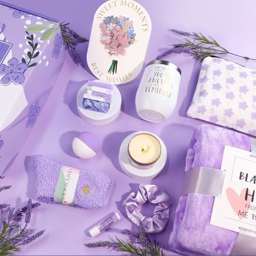 Birthday Gifts for Women, Self Care Gifts for Women, Relaxing Spa Gifts Basket Care Package w/Flannel Blanket, Mothers Day Gifts for Mom Her Best Friend Grandma Sister Wife (Purple)