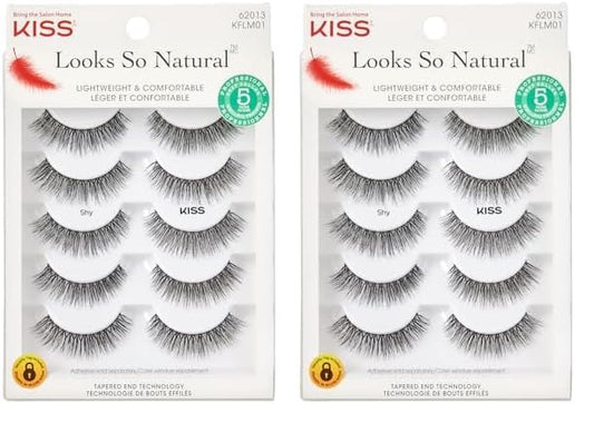 KISS Looks So Natural, False Eyelashes, Shy', 12 mm, Includes 5 Pairs Of Lashes, Contact Lens Friendly, Easy to Apply, Reusable Strip Lashes, Glue On (Pack of 2)