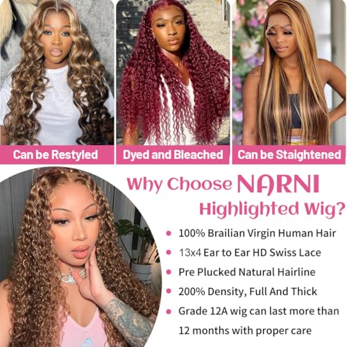 30 Inch Ombre Deep Wave Lace Front Wigs Human Hair Pre Plucked Highlight Honey Blonde Deep Curly Wig Human Hair 200% Density 4/27 Colored Glueless HD Lace Frontal Wigs for Women