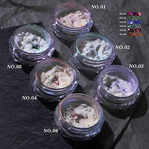 Ice Transparent Aurora Nail Powder Neon Rainbow Holographic Chameleon Powder Multi Chrome Iridescent Pigment Pearlescent Nail Art Glitters (6 Boxes Transparent)