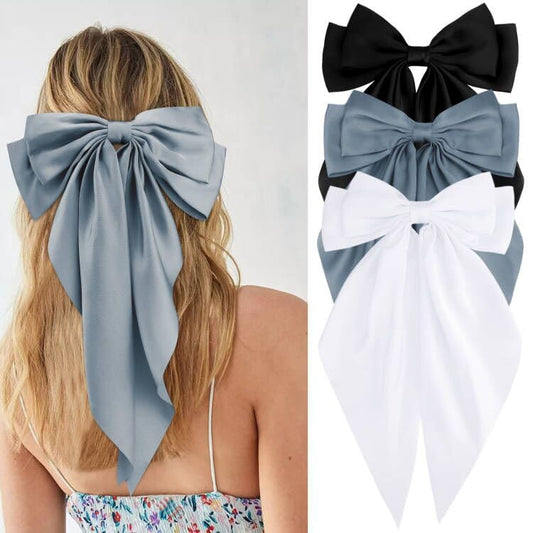 Velscrun 3Pcs Hair Accessories for Women - Black, White, and Navy Blue Oversized Satin Bows with Long Tails and Clips for Girls - Hair Barrettes Gift Set