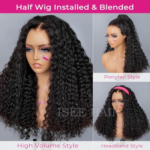 ISEE Half Wig Human Hair Water Wave Human Hair Glueless Wigs Seamless Clip Ins Flip Over Wear Go Wig Invisible Hairline Beginner Friendly 20 Inch