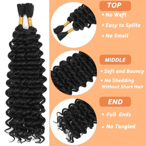 Human Braiding Hair Mix Synthetic Boho Hair for Braiding, 18 Inch Wet and Wavy 2 Pcs Deep Wave Bulk for Curly Bohemian Hair Extensions(1B, 18 Inch)