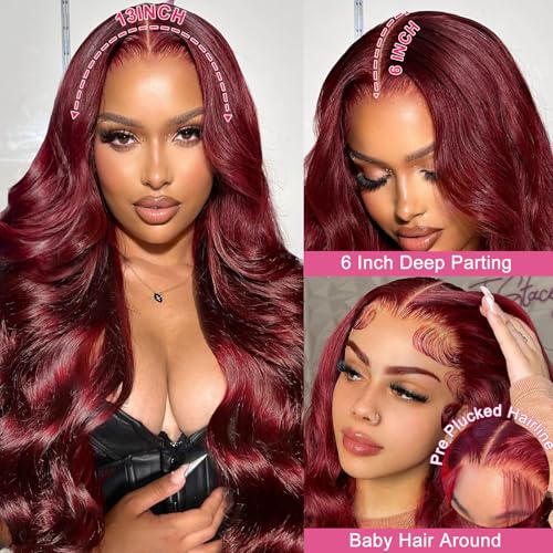 28 Inch 99J Burgundy Lace Front Wigs Human Hair 13x6 HD Transparent Body Wave Lace Front Wigs Human Hair Pre Plucked 99j Burgundy Red Wine Glueless Human Hair Wigs for Women