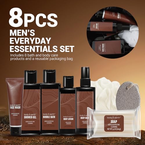 Body & Earth Bath and Body Wash Sets for Men - 8pcs Spa Baskets Mens Birthday Gifts Sandalwood, Self Care Kit, Husband Men Father's Day Gifts