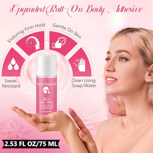 1 Pcs Roll on Body Adhesive for Dancers, 2.53oz Clear & Non Toxic Liquid Fashion Glue for Oily and Dry Skin, Sweat Resistant Body Adhesive for Compression Stocking, Wig Glue, Residue Free