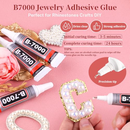 11000Pcs Flatback Pearls for Crafting (White AB), Assorted Size 2/3/4/5/6/8/10mm Half Pearl with 3Pcs 10ml B7000 Jewelry Glue, Bedazzling Bead for DIY Crafts Clothing Tumblers Shoes Nail Art