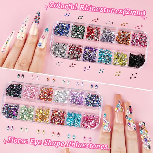 12 Boxes Nail Art Kit, Colorful Crystal Rhinestones Nail Jewels Flatback Pearls Acrylic Flower Nail Charms Caviar Beads 3D Metal Gold Studs Rivet Holographic Iridescent Sequins with Pickup Tools