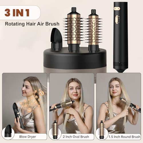 Blow Dryer Brush,3 in 1 Rotating Hair Dryer Brush Spinning with Detachable Brush(2" & 1.5"),3 Heats and 2 Speeds Rotating Hot Air Brush for Curl,Straight