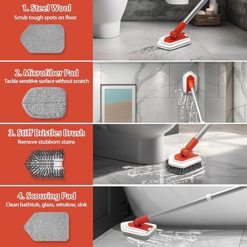 JEHONN Shower Cleaning Brush, Tub Tile Scrubber with Telescopic 51 inches Long Handle, 4 Scrub Heads for Bathroom Bathtub Floor Baseboard Sink Toilet