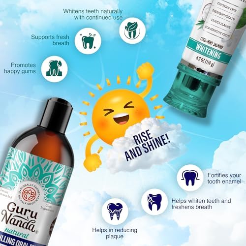 GuruNanda Essential Morning Wellness Duo – Coconut Oil Pulling Mouthwash & Hydroxyapatite Toothpaste – Helps Promotes Fresh Breath & Happy Gums, Fluoride-Free