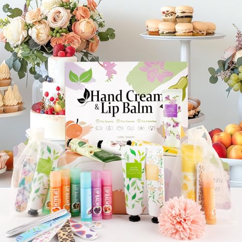 Hand Cream and Lip Balm Bulk 24 Gift Sets Party Favors for Baby Shower Bridal Shower Wedding for Guests Prizes Women Adults Bachelorette Travel With Nail Files Thank You Cards Organza Bags