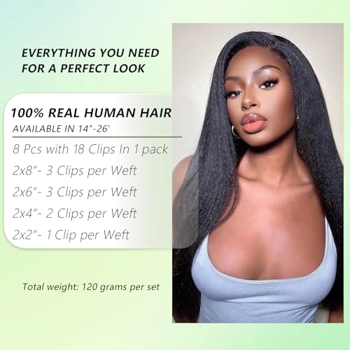 20 Inch Clip In Hair Extensions Real Human Hair Yaki Straight Clip Ins Hair Extensions For Women Invisible & Scalp-Friendly Kinky Straight Human Hair Clip In Extensions 120g 8pcs Natural Black