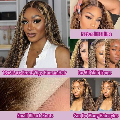 13x6 Highlight Deep Wave Lace Front Wigs Human Hair 210% Density Deep Curly Human Hair Wig Pre Plucked 28inch P4/27 Ombre HD Lace Frontal Wigs for Women