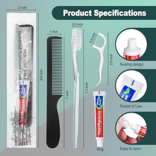 200pcs Disposable Toothbrushes with Toothpaste and Comb Floss Individually Wrapped, 4-in-1 Bulk Toothbrush Kit with 2 Color Toothbrush,10g Toothpaste,7 inch Comb, Floss Pick