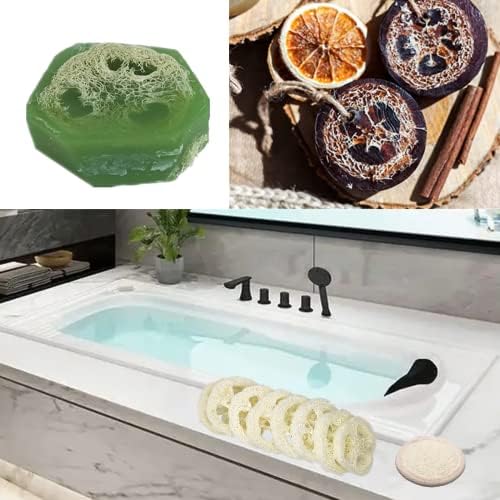 50Pcs Natural Loofah Slice of 1.96inch, Reusable Natural Loofah Cuts for Cleaner Sponge Scrubber, Facial Soap Holder and DIY Customize Soap Tools, with 3Pcs Exfoliating Loofah Pad and 1 Storage Bag