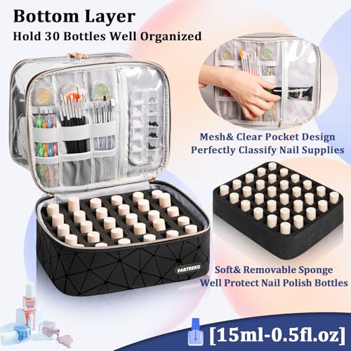 Clear Nail Polish Organizer Holds 30 Bottles (15ml/0.5fl.oz)& Nail Lamp, Double Layer Nail Supplies Organizer Case Transplant, PU Leather Nail kit Storage Bag for Manicure Tools (Black)