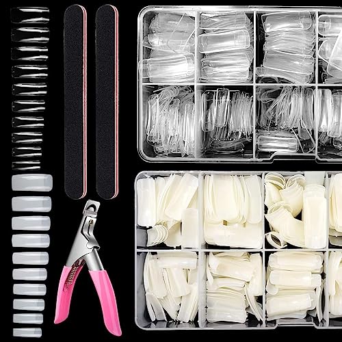 1000PCS Square Nail Tips for Acrylic Nails Professional, Fake Clear Natural Acrylic Short Square French Artificial Nail Tips Half Cover with Acrylic Nail Clipper, 2PCS Nail Files for Nail Salon Home
