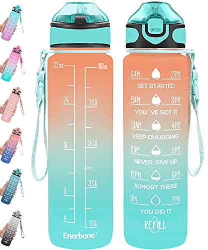 Enerbone 32 oz Drinking Water Bottle with Times to Drink and Straw, Motivational with Carrying Strap, Leakproof BPA & Toxic Free, Ensure You Drink Enough Water for Fitness Gym Outdoor