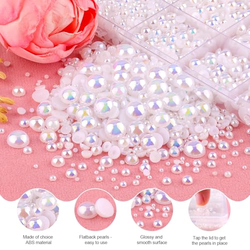 11000Pcs Flatback Pearls for Crafting (White AB), Assorted Size 2/3/4/5/6/8/10mm Half Pearl with 3Pcs 10ml B7000 Jewelry Glue, Bedazzling Bead for DIY Crafts Clothing Tumblers Shoes Nail Art