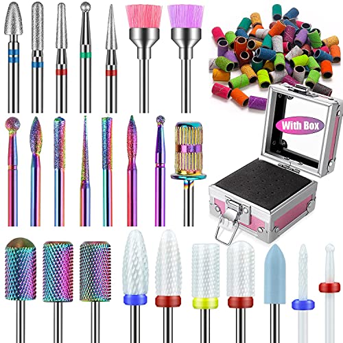 25Pcs Nail Drill Bits Set: 3/32 Tungsten Carbide Ceramic Diamond Cuticle Safety Professional Drill Bits Nail Tech with Pink Holder Case & 50Pcs Sanding Bands for acrylic gel Remover Manicure Pedicure