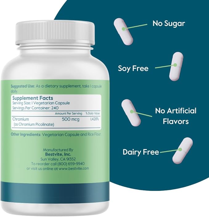 BESTVITE Chromium Picolinate 500mcg (240 Vegetarian Capsules) - No Stearates - No Dicalcium Phosphate - Vegan - Gluten Free - Non-GMO