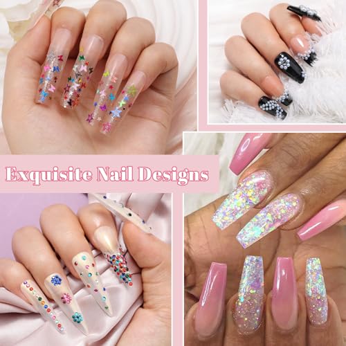 10 Boxes Nail Art Kit - 12 Colors Pointed/Flatback Rhinestones, 3D Gold/Silver/Rose Nail Studs, White Beige Half Pearls, Holographic Glitter & Foils + 3 Tools for DIY Nails & Crafts