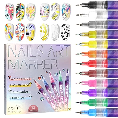 12 Colors Nail Art Pens Set 3D Nail Polish Pens Graffiti Dotting Pen Acrylic Paint Pens Point Liner Pen Drawing Painting for Nails Art Design Manicure Nail DIY Decoration