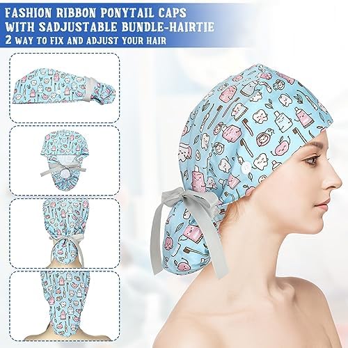 Honoson 6 Pcs Dental Scrub Caps Women Dentist Nursing Hats Adjustable Bouffant Nurse Hats Ponytail Turban Caps