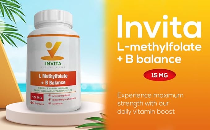 INVITA L-Methylfolate + B Balance (15mg) - 5-MTHF, B6, B2 & B12 Methylcobalamin B Complex - 60 Capsules - Professional Strength Active Methyl Folate - Non GMO, Gluten Free, No Fillers