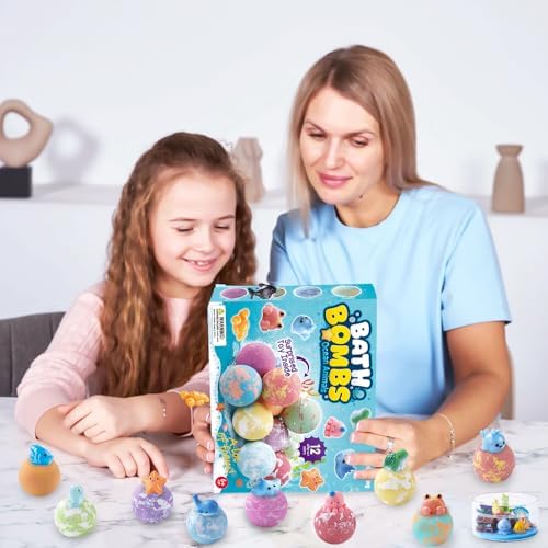 12Pack Ocean Animals Bath Bombs for Kids with Toys Surprised Inside, Organic Natural Bubble Bath Fizzy More Decorations for DIY Fish Tank Birthday Ideal Set for Girls Boys Toddlers