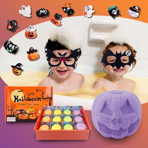 12 Piece Halloween Bath Bombs with Toys Inside for Kids, Bath Bombs for Kids with Surprise Inside, Kids Bath Bombs Party Favors for Kids with Halloween Treat Bag and Halloween Mask…