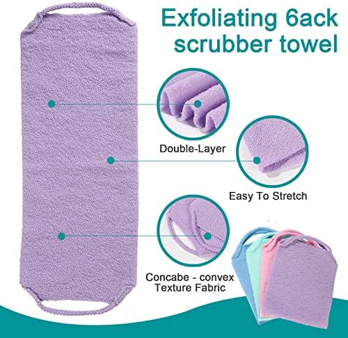 4 Pack Exfoliating Body Scrubber with Handles, Nylon Exfoliating Cloth Extended Length Back Scrubber Stretchable Pull Strap Shower Back Scrubber for Shower for Women&Men(4 Pack-Green+Blue+Purple+Pink)