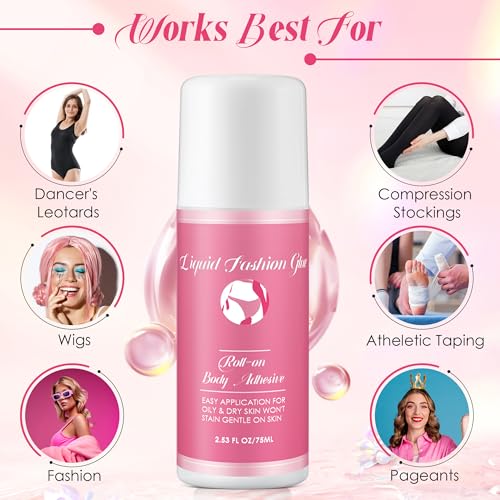 1 Pcs Roll on Body Adhesive for Dancers, 2.53oz Clear & Non Toxic Liquid Fashion Glue for Oily and Dry Skin, Sweat Resistant Body Adhesive for Compression Stocking, Wig Glue, Residue Free